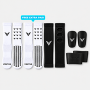 Baller Bundle with Black Aero Pro-Cut Sleeves, Stealth Guards, SockLock and two pairs of Pro-Grip Socks including a free extra pair, flat lay