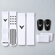 Baller Bundle with White Core Pro-Cut Sleeves, Pro-Grip Socks, Stealth Guards and SockLock, flat lay