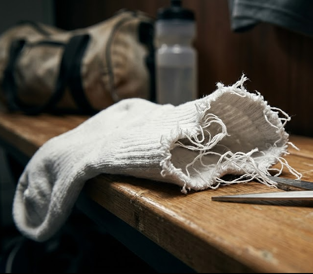 Old white football sock cut up with scissors, with ragged edges, on a changing room bench