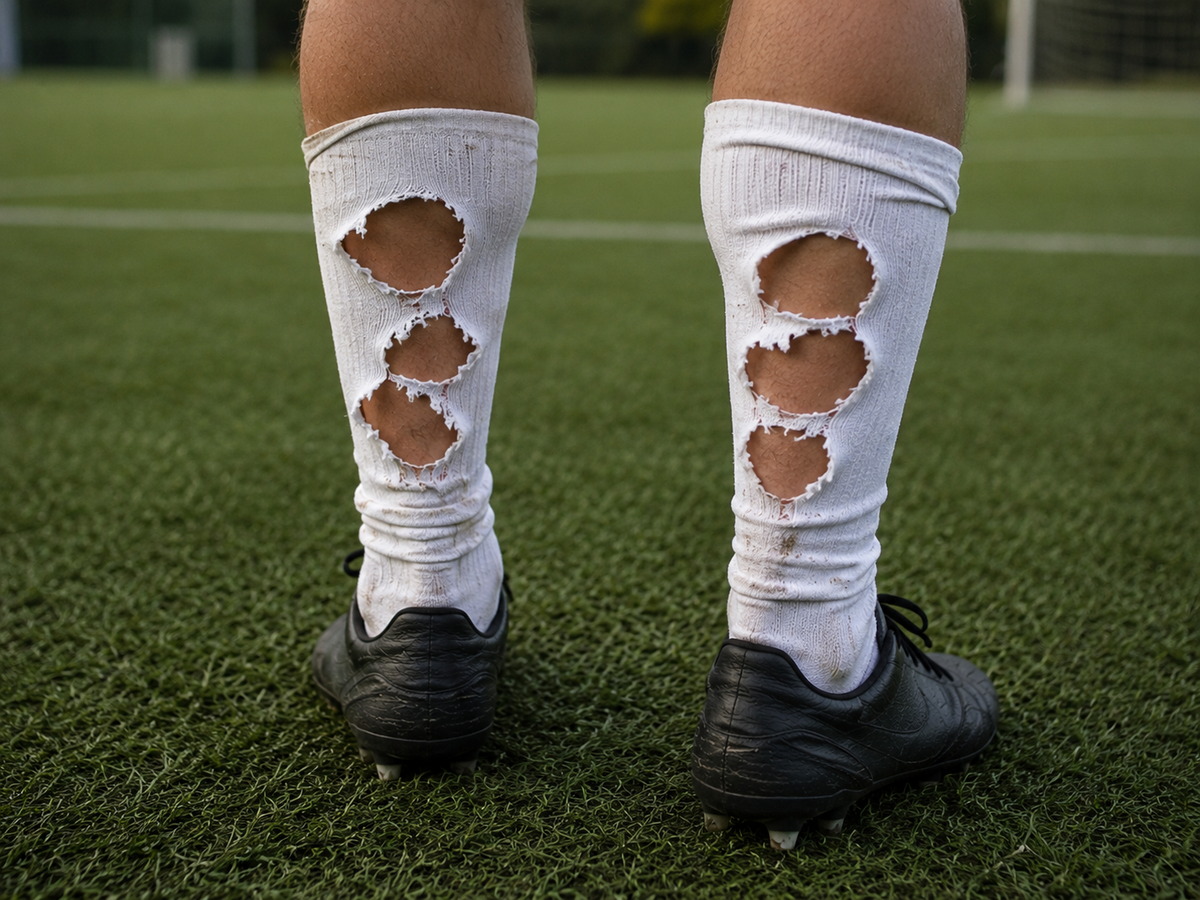 White football socks with ragged holes cut into the calves by hand