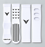 Foundation Bundle with White Aero Pro-Cut Sleeves and Pro-Grip Socks, flat lay