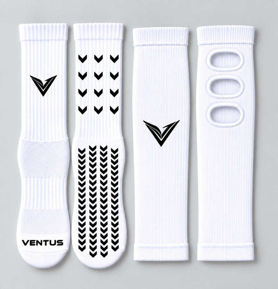 Foundation Bundle with White Aero Pro-Cut Sleeves and Pro-Grip Socks, flat lay