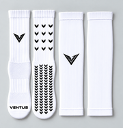 Foundation Bundle with White Core Pro-Cut Sleeves and Pro-Grip Socks, flat lay
