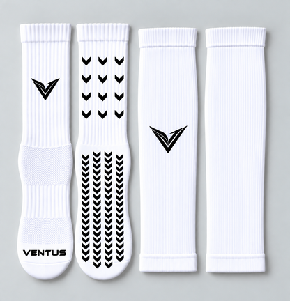 Foundation Bundle with White Core Pro-Cut Sleeves and Pro-Grip Socks, flat lay