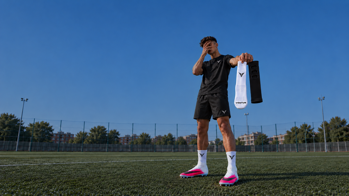 Footballer on a sunny pitch holding up a white Pro-Grip Sock and a black Pro-Cut Sleeve