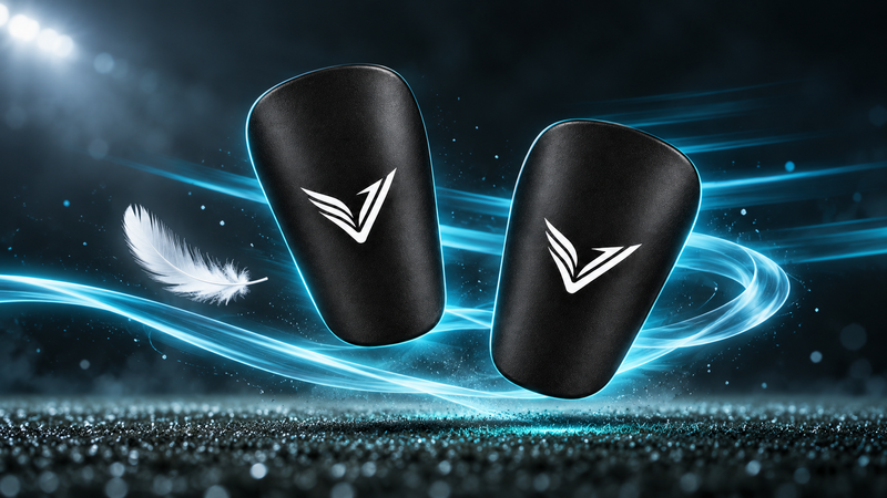 Pair of black Stealth Guards mini shin guards beside a feather, showing how light they are