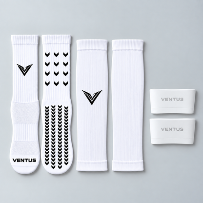 Match Bundle with White Core Pro-Cut Sleeves, Pro-Grip Socks and SockLock, flat lay