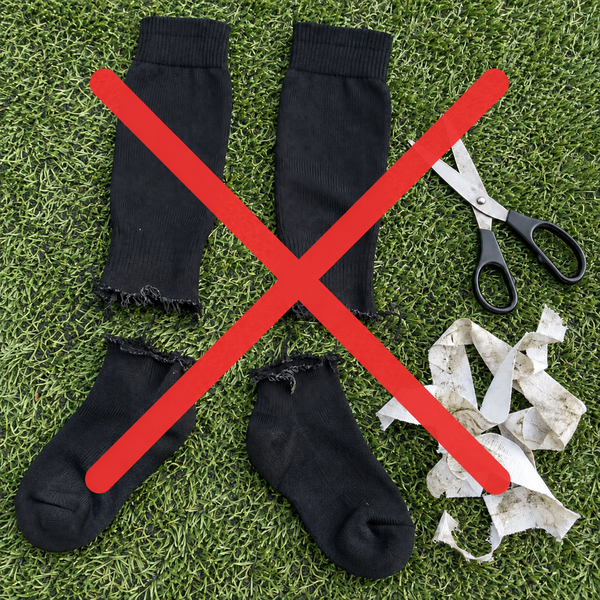 Old way crossed out: football socks cut up with scissors and used sock tape on the pitch
