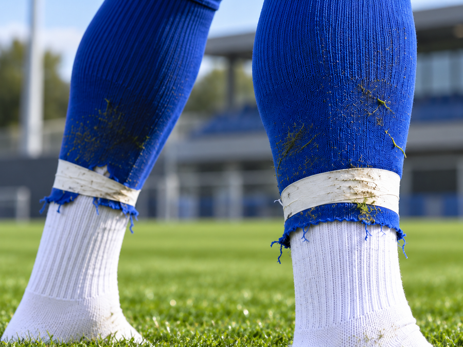 Footballer's legs in cut-down football socks held up with tape over white grip socks, the DIY look players copy